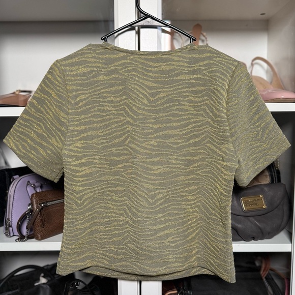 NWT Michael Kors Olive Green and Gold Zebra Pattern Button Up Short Sleeve Top - Picture 5 of 5